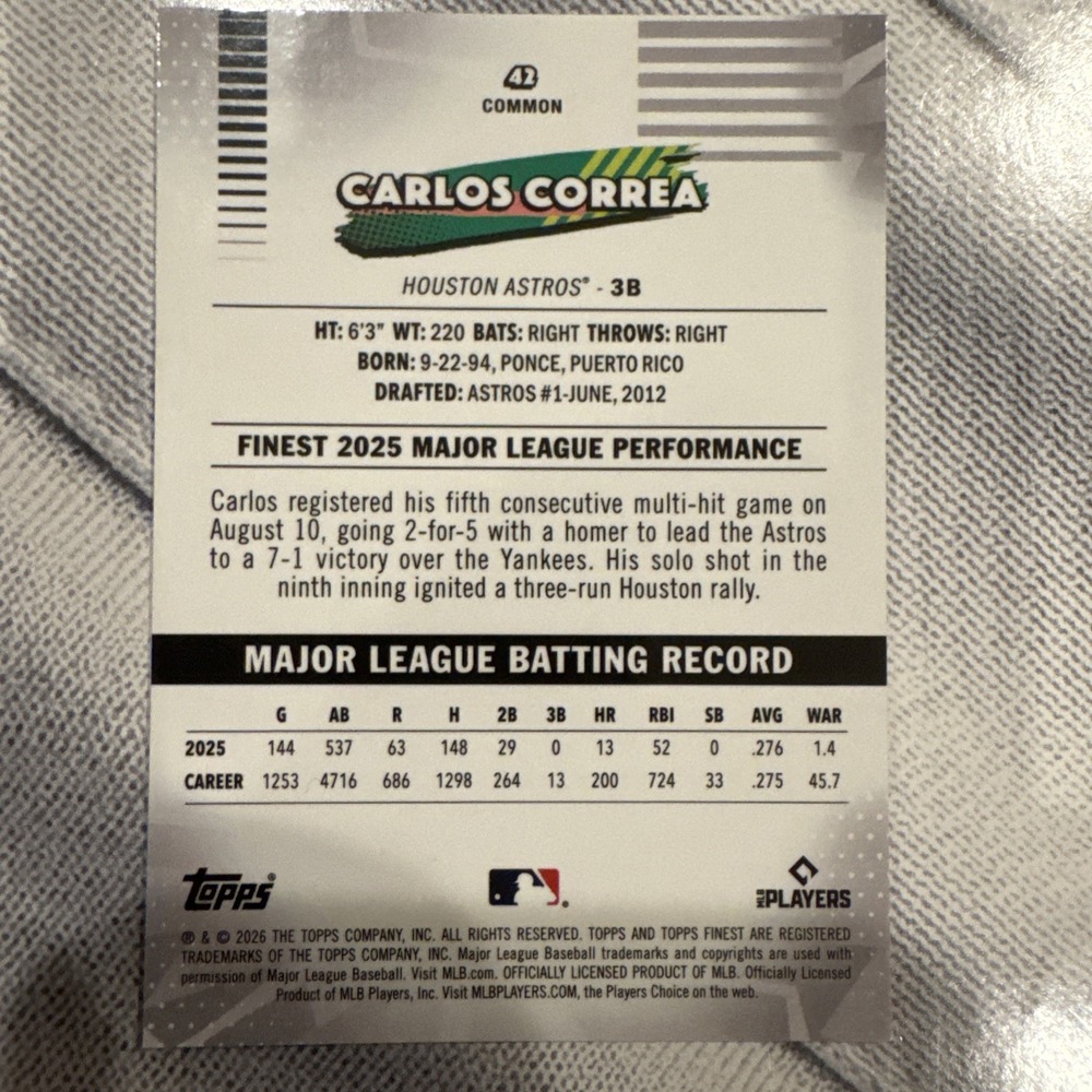 2026 Topps Finest Carlos Correa #42 Common Mini Diamond Houston Astros - Picture 2 of 2